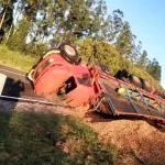 Caminhão tomba com 15 toneladas de amendoim e interdita SP-294 em Iacri